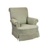 A Victorian style armchair, modern, the square back over scroll arms and a bowfront seat, raised