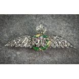 A 14ct gold, platinum, enamel and diamond RAF wings sweetheart brooch, mid-century, with green