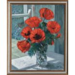Pat Howells (British, 20th century), 'Poppies in cut glass vase' oil on board, signed and dated 'Pat