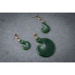 A 14ct yellow gold and New Zealand jade pendant, 53mm. long; together with a pair of matching drop