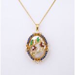 An 18ct yellow gold, emerald, ruby, sapphire, diamond and Mabé pearl pendant, the large oval pearl