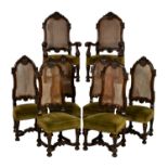 A set of eight Carolean style Victorian dining chairs, in carved and stained walnut, including a
