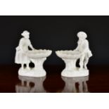 A pair of blanc de chine porcelain figural salts, or sweetmeat dishes, probably 19th century,