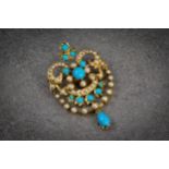 An antique 18ct gold, turquoise and seed pearl pendant brooch, of open scrollwork design, with
