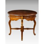 An Edwardian inlaid walnut circular centre table, the moulded top quarter veneered with broad