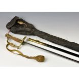 A Victorian court sword with brass plumed helmet pommel, gilt metal wire wrapped grip, 31in.