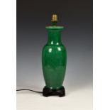 A Chinese porcelain green glazed rouleau vase, probably 19th century, later converted to a lamp,