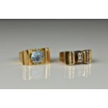 Two mid-century Continental 18ct gold rings, both with bow shaped settings, one with three rose