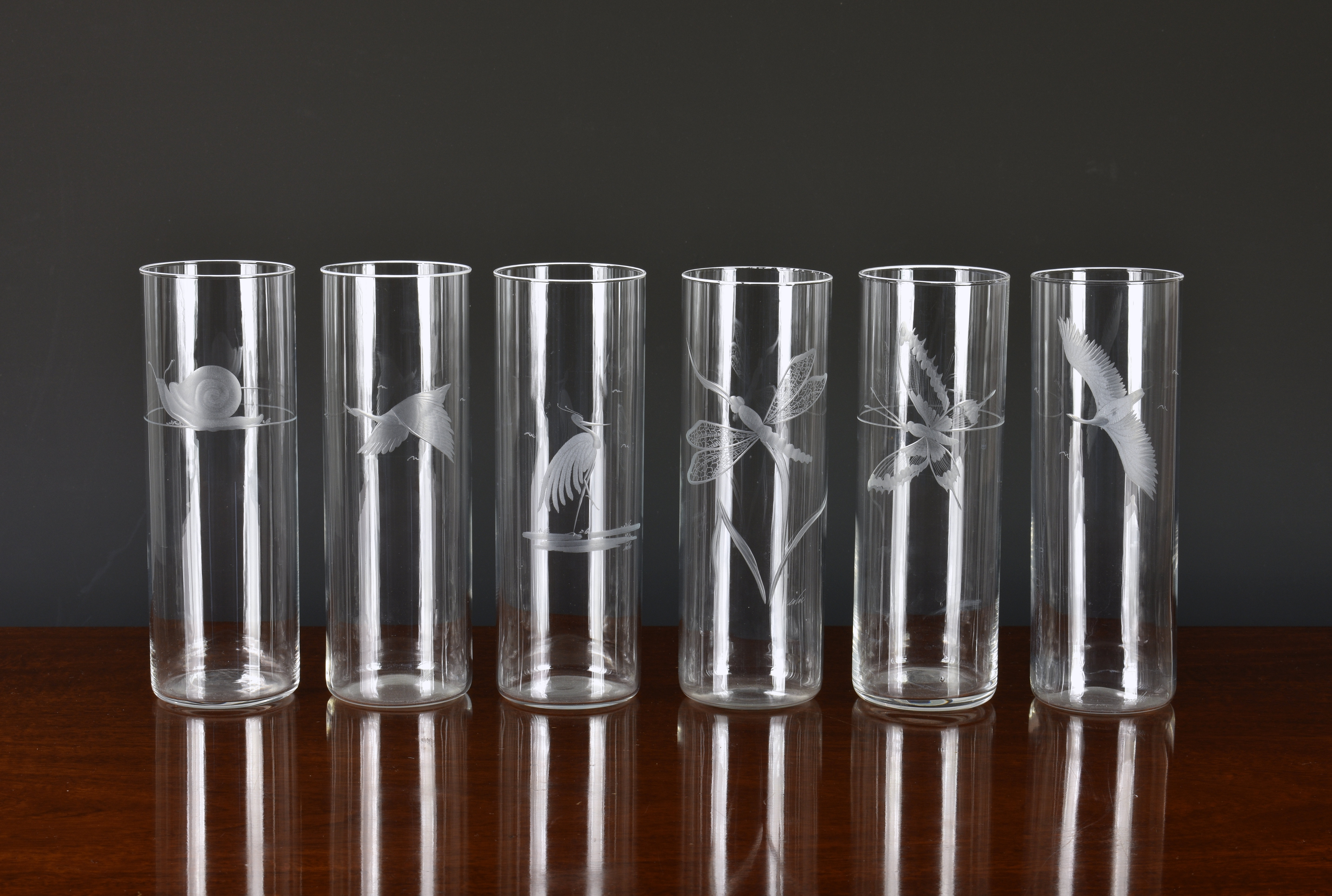 A set of six Murano cordial glasses with etched birds and insects, each glass individually