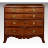 A fine George III serpentine mahogany four drawer chest, the well figured cross banded top over four