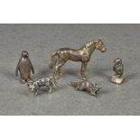 Five miniature silver animals, Continental and English, comprising a horse; an owl; a fox; a cat;