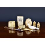 A small collection of antique bone and ivory curiosities, to include two Japanese figural ivory