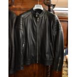 A gents Belstaff black leather motorcycle style jacket, with grandad collar, two external zipped