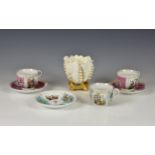 Three Dresden cabinet cups & saucers, with alternating panels of romantic figures and floral