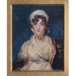 English School (early 20th century), two watercolour on card portrait miniatures of ladies in 19th