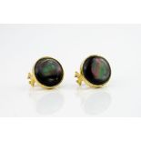 A pair of 18ct yellow gold and black lip pearl earrings, measuring approximately 11mm in diameter