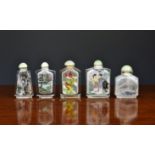 A collection of five Chinese inside painted snuff bottles, 20th century, of rectangular and tapering