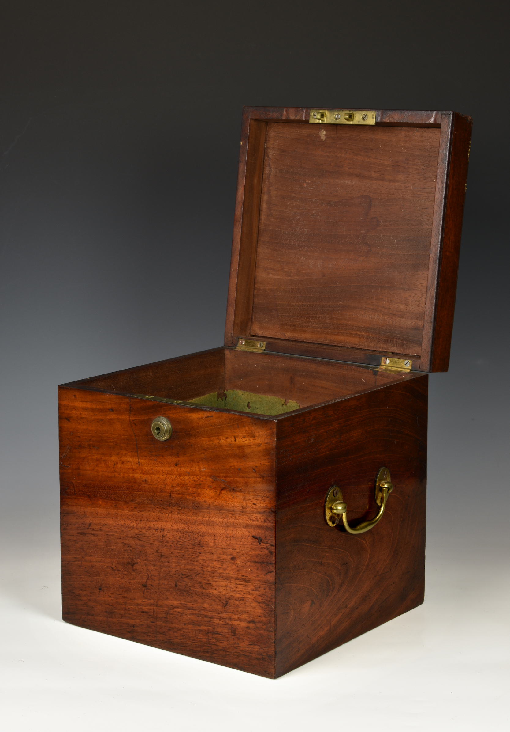 A 19th century four division mahogany decanter box, having brass side carrying handles, the hinged - Image 2 of 2