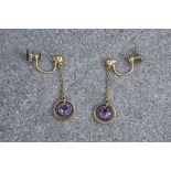 A pair of vintage 9ct gold and amethyst drop earrings, 1930s, the openwork, target shaped drops