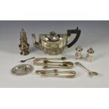 A small collection of various silver, comprising an embossed teapot (a/f); four sets of various