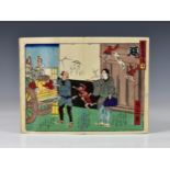 A Japanese book of woodblock prints, late 19th century, hand coloured, within woodgrain card