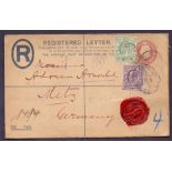 POSTAL HISTORY : GB : 1905 Registered envelope up-rated to Germany with 6d and 1/2d.