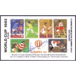 FOOTBALL AUTOGRAPHS : BOBBY MOORE signature of 1982 Stampex World Cup mini-sheet of stamps ,