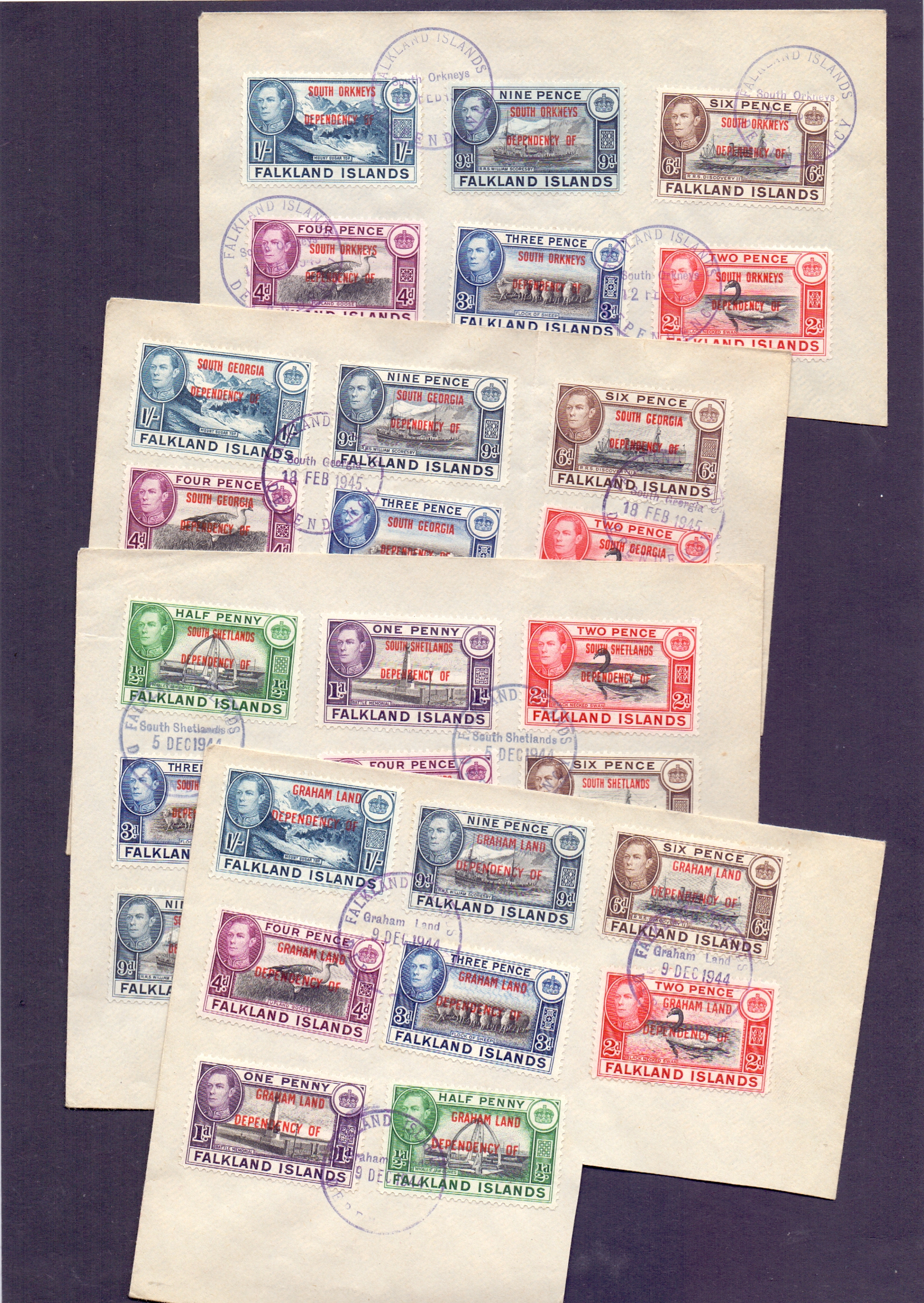 STAMPS: GV Falklands 1/2d and 2 1/2d in mint blocks of 6 plus GVI Dependencies to 1/- used on