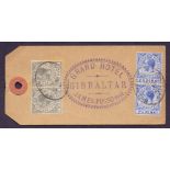 GIBRALTAR, parcel label with four GV stamps with Registered handstamps,