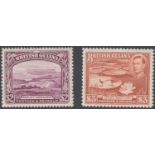 STAMPS BRITISH GUIANA 1938-52 $2 purple, perf 14x13 & $3 red-brown, perf 12.