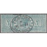 STAMPS GREAT BRITAIN : 1891 £1 Green fine used with central Registered "GRACE CHURCH ST" oval