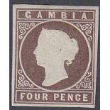 STAMPS GAMBIA 1869 4d Brown , unused four margin example with small part original gum,