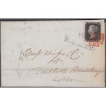 STAMPS PENNY BLACK Plate 1b, four margin example on wrapper used locally in London tied by Red MX,