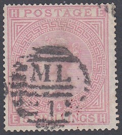 STAMPS GREAT BRITAIN : 1874 5/- Rose, Plate 4, white paper, good/fine used, SG 134.