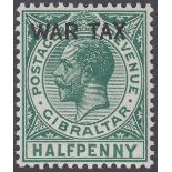 STAMPS GIBRALTAR 1918 1/2d Green WAR TAX overprinted, watermark inverted and reversed, mounted mint,