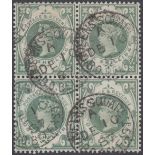 STAMPS GREAT BRITAIN : 1887 1/- Green very fine used block of four with CDS cancels SG 211