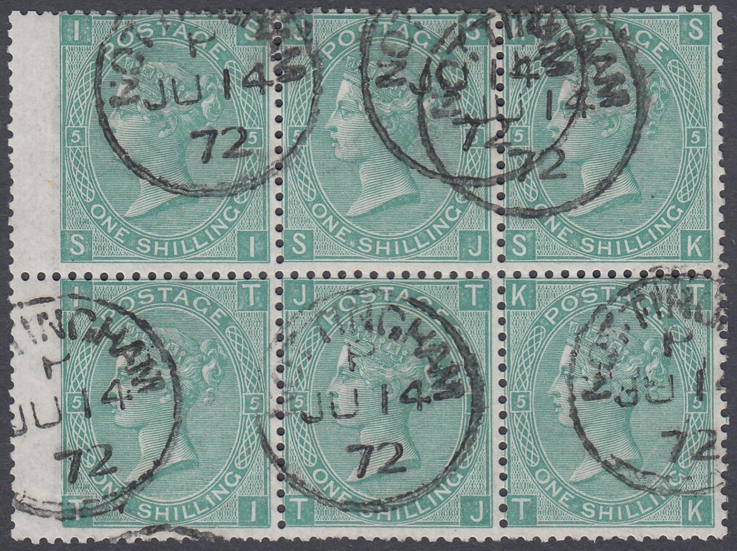 STAMPS GREAT BRITAIN : 1871 1/- Green plate 5, very fine used block of six,