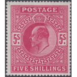 STAMPS GREAT BRITAIN : 1902 5/- Deep Bright Carmine (flr) unmounted mint SG 264