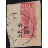 STAMPS ANTIGUA 1876 1d lake, bisected and used on piece with Antigua 1887 datestamp, SG 16a var.