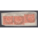 STAMPS GREAT BRITAIN : 1865 4d Vermilion plate 12, three example on a small piece,