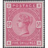 STAMPS GREAT BRITAIN : 1883 5/- Crimson lettered BD lightly mounted mint SG 181 Cat £975 (light
