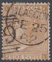 STAMPS GREAT BRITAIN : 1862 9d Bistre lettered FL, very fine used with CDS and numeral,