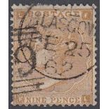STAMPS GREAT BRITAIN : 1862 9d Bistre lettered FL, very fine used with CDS and numeral,