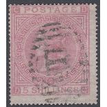STAMPS GREAT BRITAIN : 1874 5/- Pale Rose, Plate 2, fine used, but a couple of short perfs, SG 127.