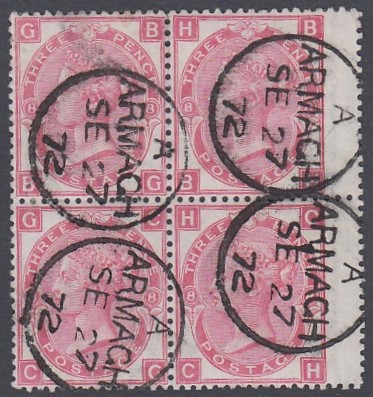 STAMPS GREAT BRITAIN : 1872 3d Rose plate 8, superb used block of four,