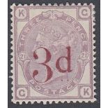 STAMPS GREAT BRITAIN : 1883 3d on 3d Lilac lettered GK,