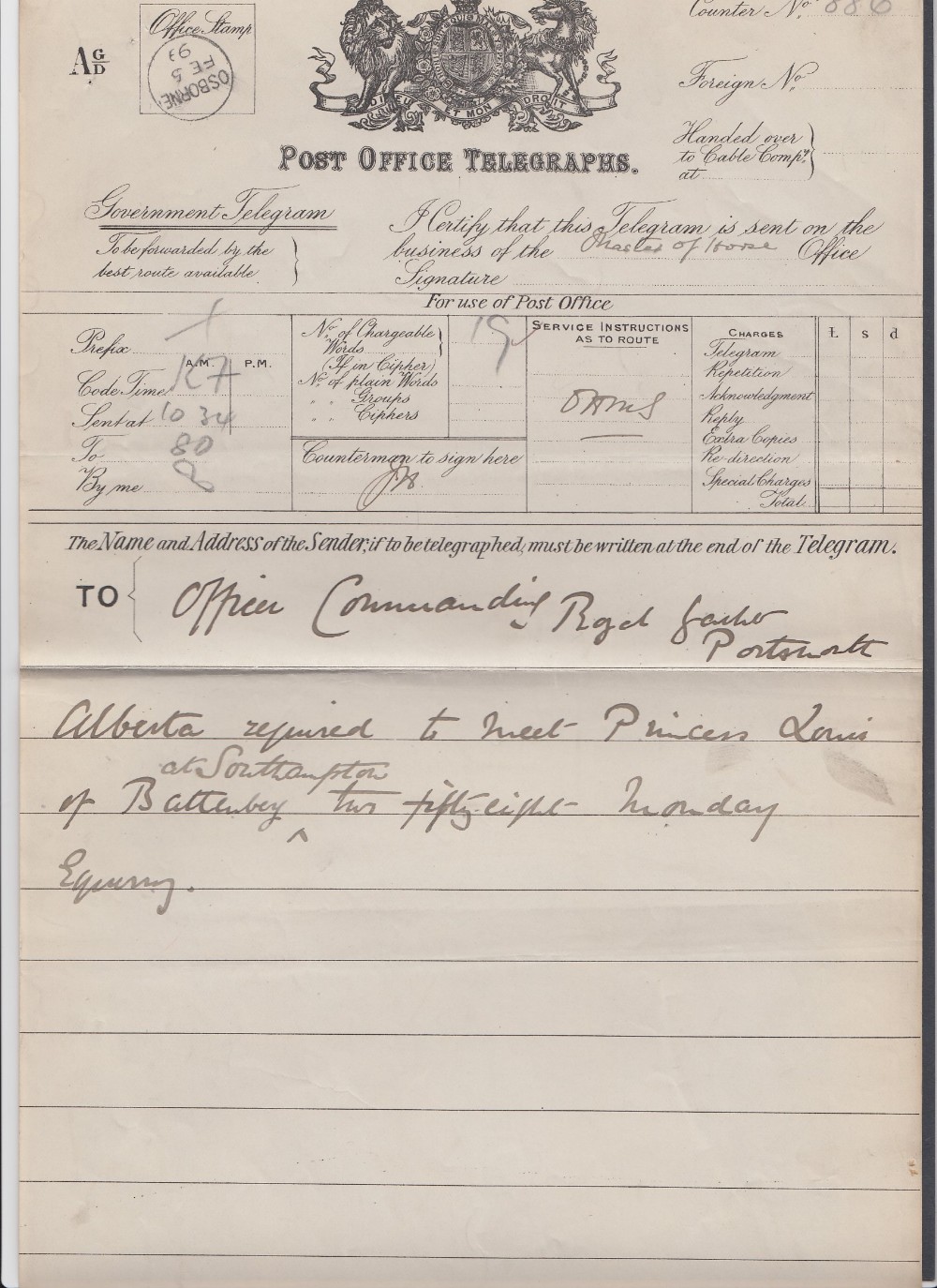 1899 Royal Telegram from Osbourne House