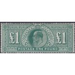 GREAT BRITAIN STAMPS : 1911 £1 deep green, lightly M/M with a couple of nibbled perfs,