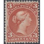 STAMPS CANADA : 1868 3c red-brown, thin rather transparent paper, M/M, SG 49.