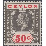 STAMPS CEYLON : 1932 GV 50c black & scarlet, Die I, wmk Script CA, lightly M/M, SG 353b.